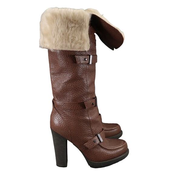 Luxury Rebel Shoes Womens 37 Boots Penelope Knee High Heel Leather Fold Over Fur - Picture 2 of 16